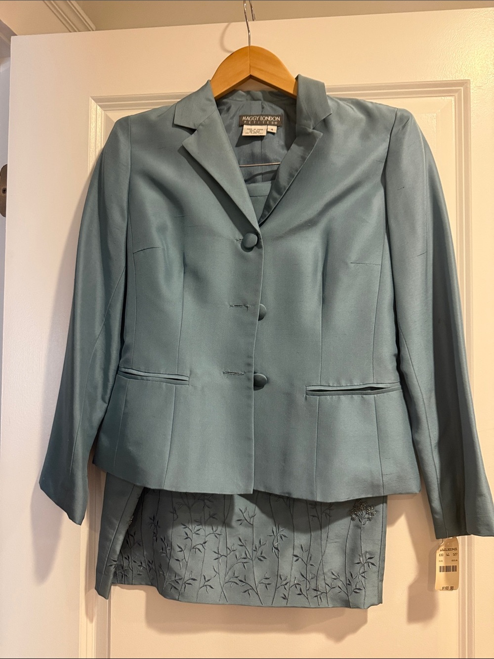 Maggy London Women's Teal Blue Satin Jacket with Skirt